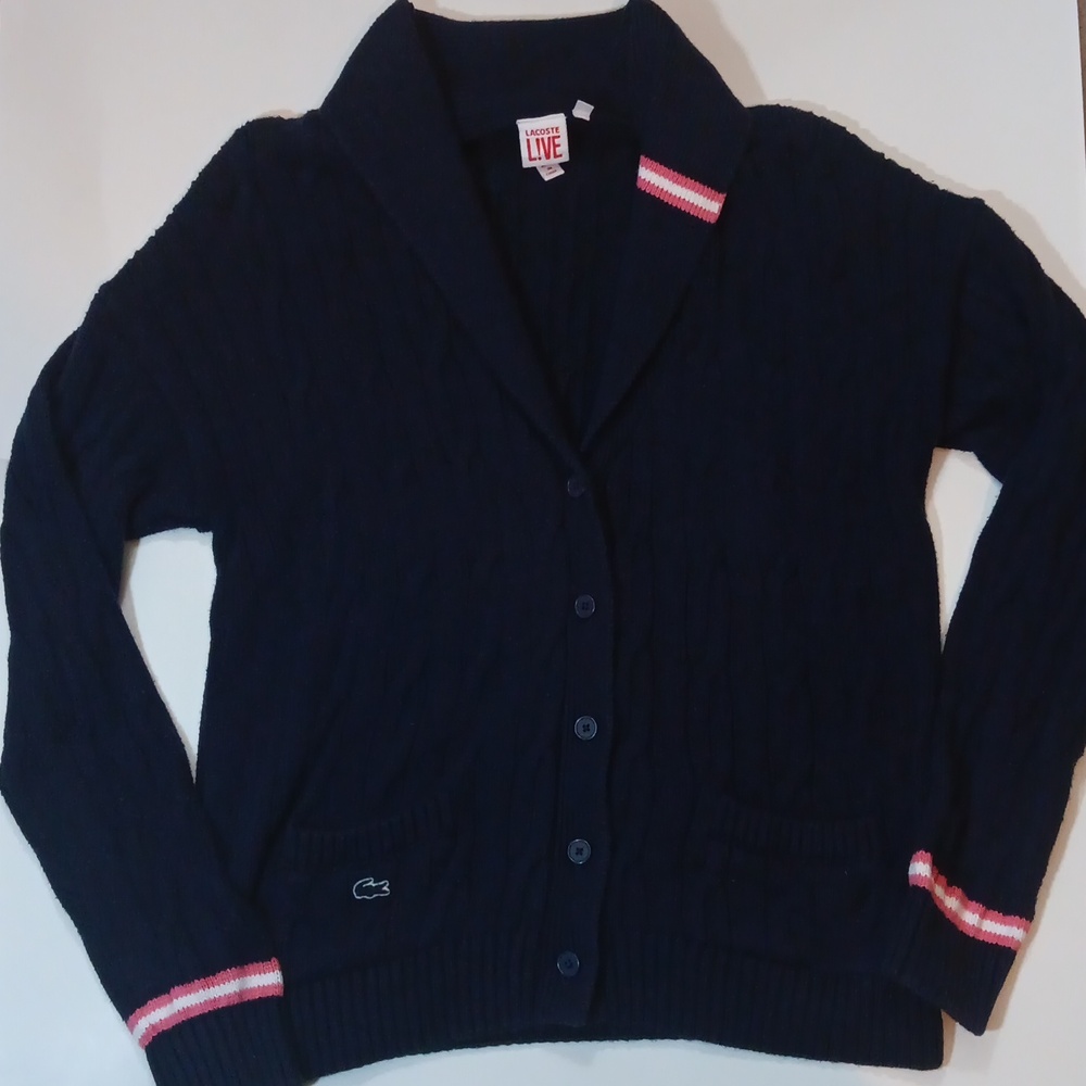 Lacoste Live EXCLUSIVE Navy Sweater with Pink and White Stripes, 100% Cotton